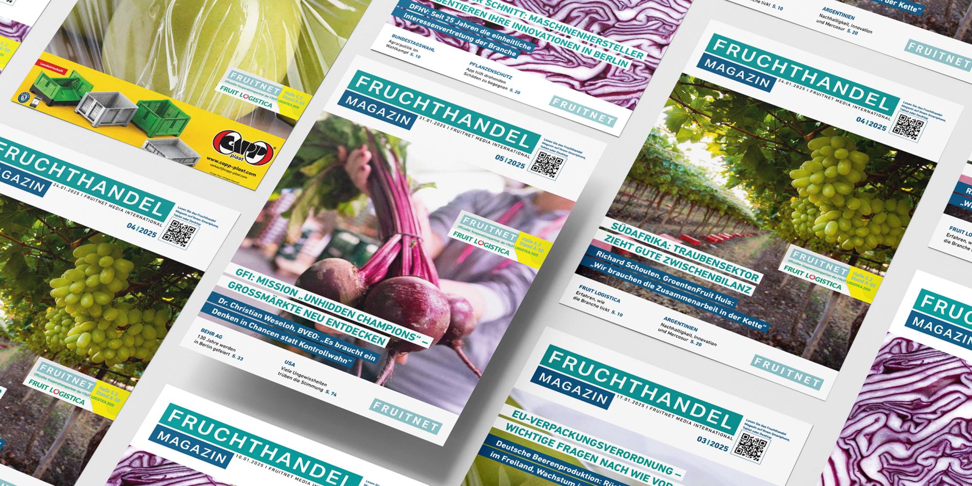 Mehrere Ausgaben des Fachmagazins Fruchthandel Magazin liegen überlappend auf einer Fläche, Titelbilder mit Obst- und Gemüse-Motiven wie Trauben, Rote Bete und Kohl.