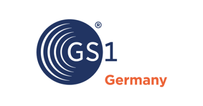 Logo von GS1 Germany mit blauem Kreis und orangefarbener Schrift ‚Germany‘.