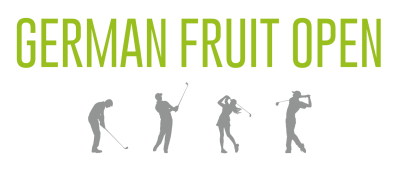 Logo German Fruit Open, grüner Schriftzug und stilisierte Golfspieler:innen