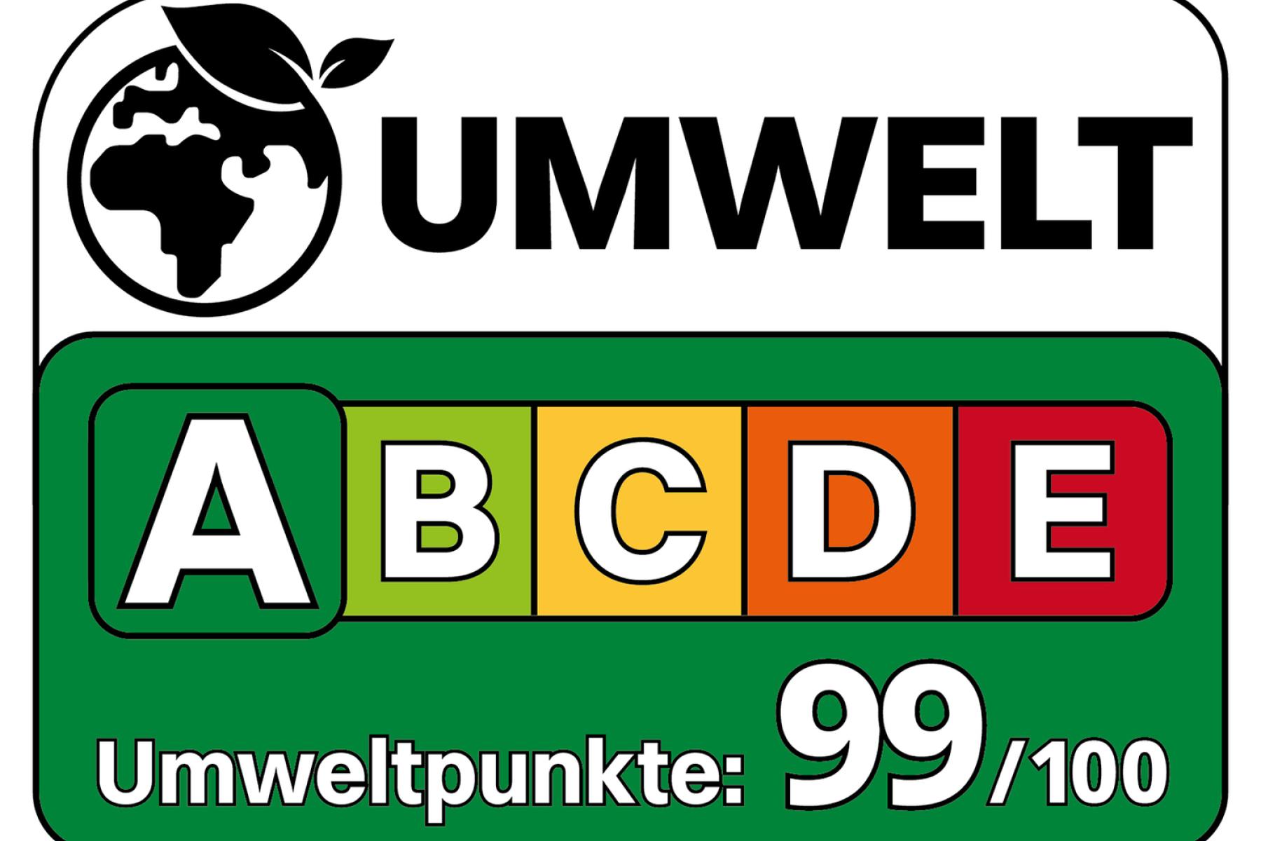 Umweltlabel mit Buchstaben A bis E zur Bewertung, hervorgehoben A, Umweltpunkte 99 von 100