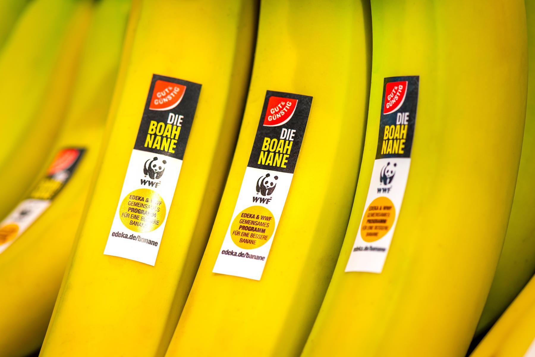 Gelbe Bananen mit Aufklebern 'Die Boah Nane' von Edeka und WWF für nachhaltiges Bananenprogramm