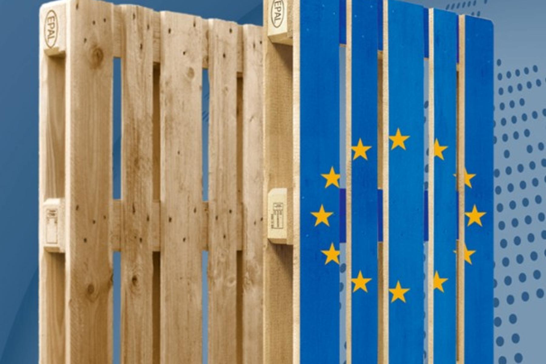 Zwei EPAL-Holzpaletten, eine naturbelassen und eine blau mit gelben Sternen in Kreisform, Text 'PPWR EPAL Konformitätserklärung'