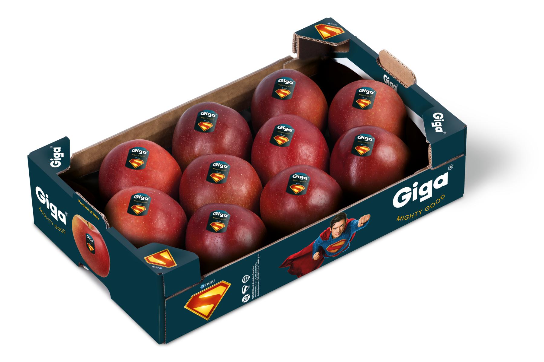 Giga-Äpfel in Karton mit Superman S-Shield-Logo
