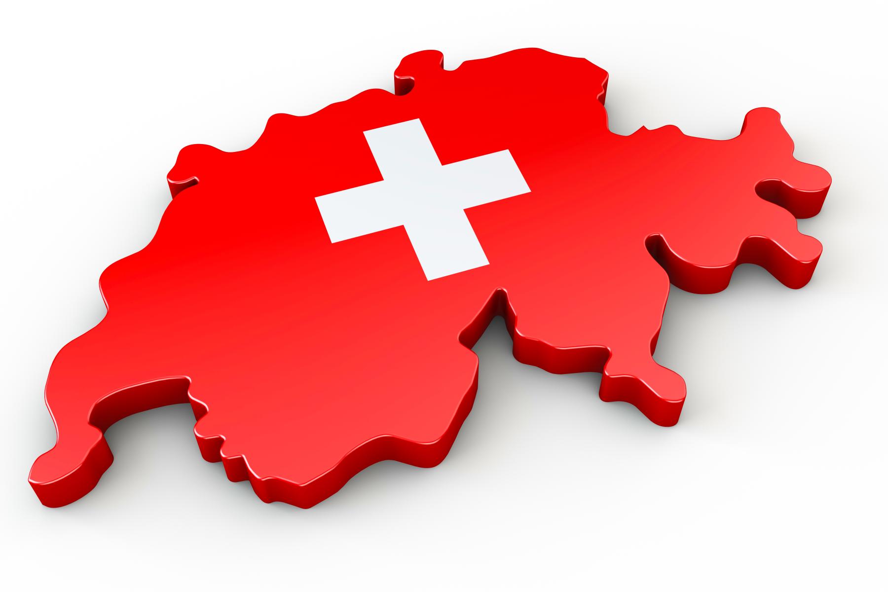 stilisierter Länderumriss der Schweiz in rot mit weißem Kreuz in der Mitte