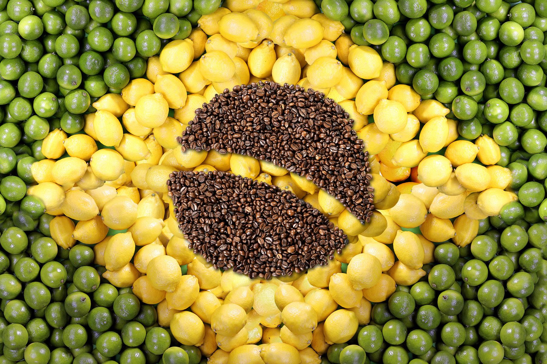 Brasilianische Flagge aus Lebensmitteln: grüne Erbsen, gelbe Zitronen und braune Kaffeebohnen in Form des Landeswappens