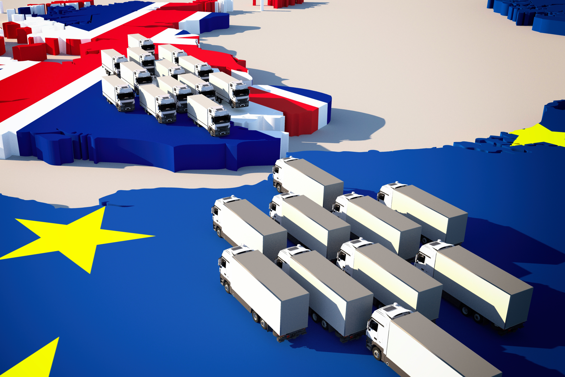 Grafik einer Karte mit dem Vereinigten Königreich und der EU, auf der mehrere Lkw auf der Karte abgebildet sind. Die Lkw sind auf dem britischen und dem europäischen Teil der Karte verteilt.
