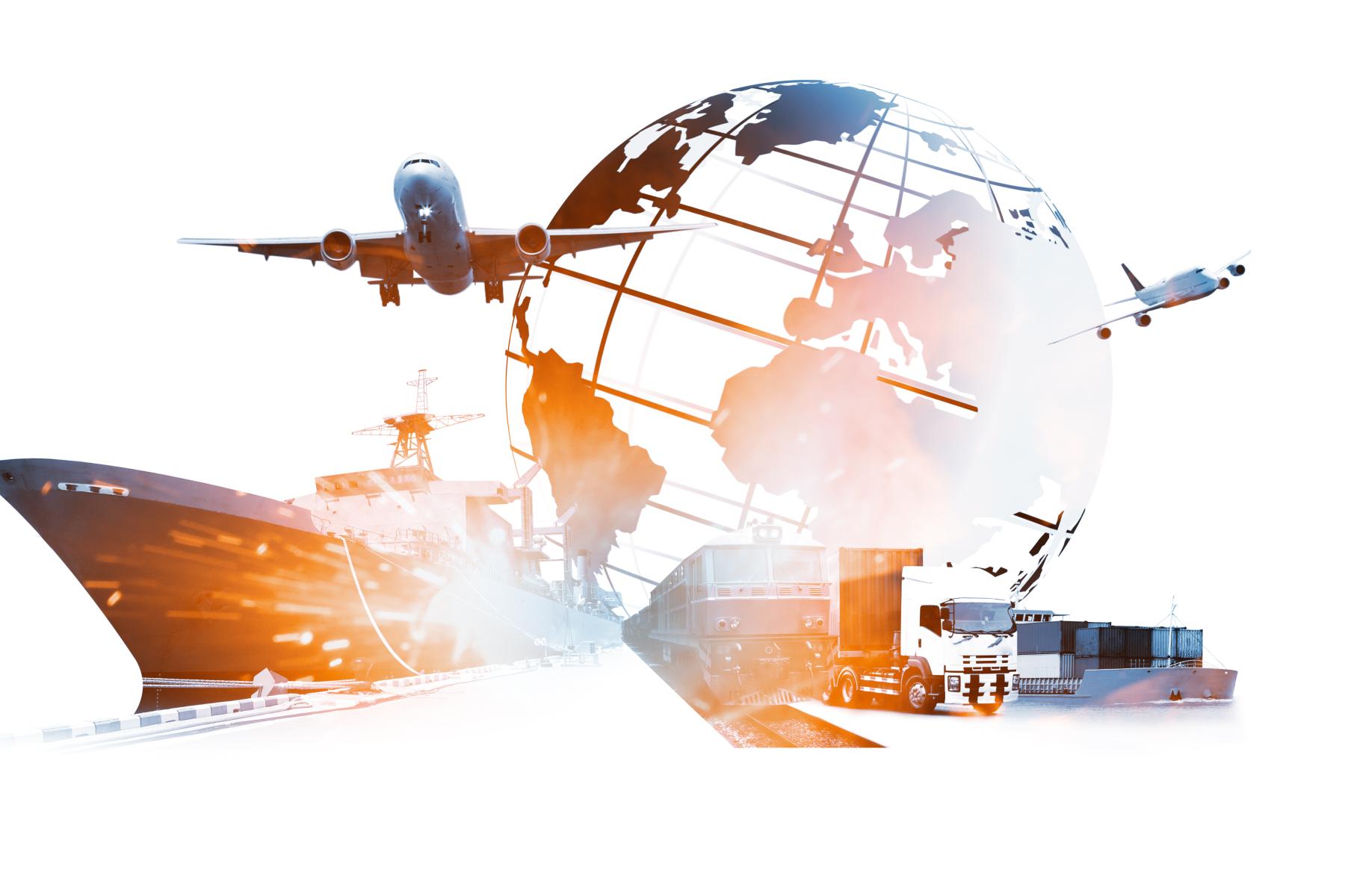 Globus mit Kontinenten, umgeben von Flugzeugen, Frachtschiff, LKW und Containern symbolisieren globalen Transport und Logistik