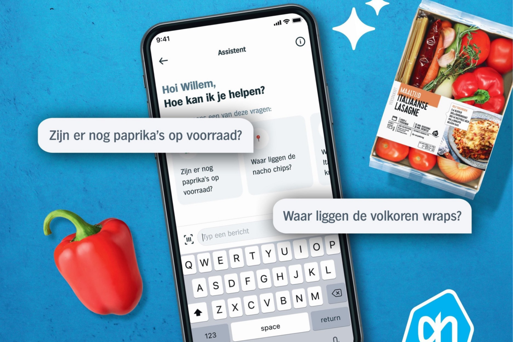 Smartphone zeigt Albert Heijn Assistent mit Fragen zu Paprika und volkoren wraps, daneben rote Paprika und italienische Lasagne Zutatenpackung