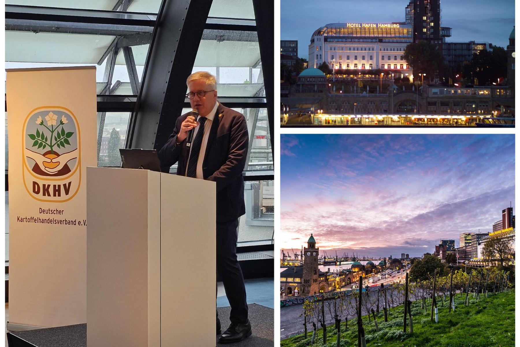 3 Bilder Collage: 1.Mann am Rednerpult mit Banner des Deutschen Kartoffelhandelsverbands, 2. Hotel Hafen Hamburg bei Abenddämmerung, 3. Weinberg mit Blick auf Hamburger Hafen und Landungsbrücken