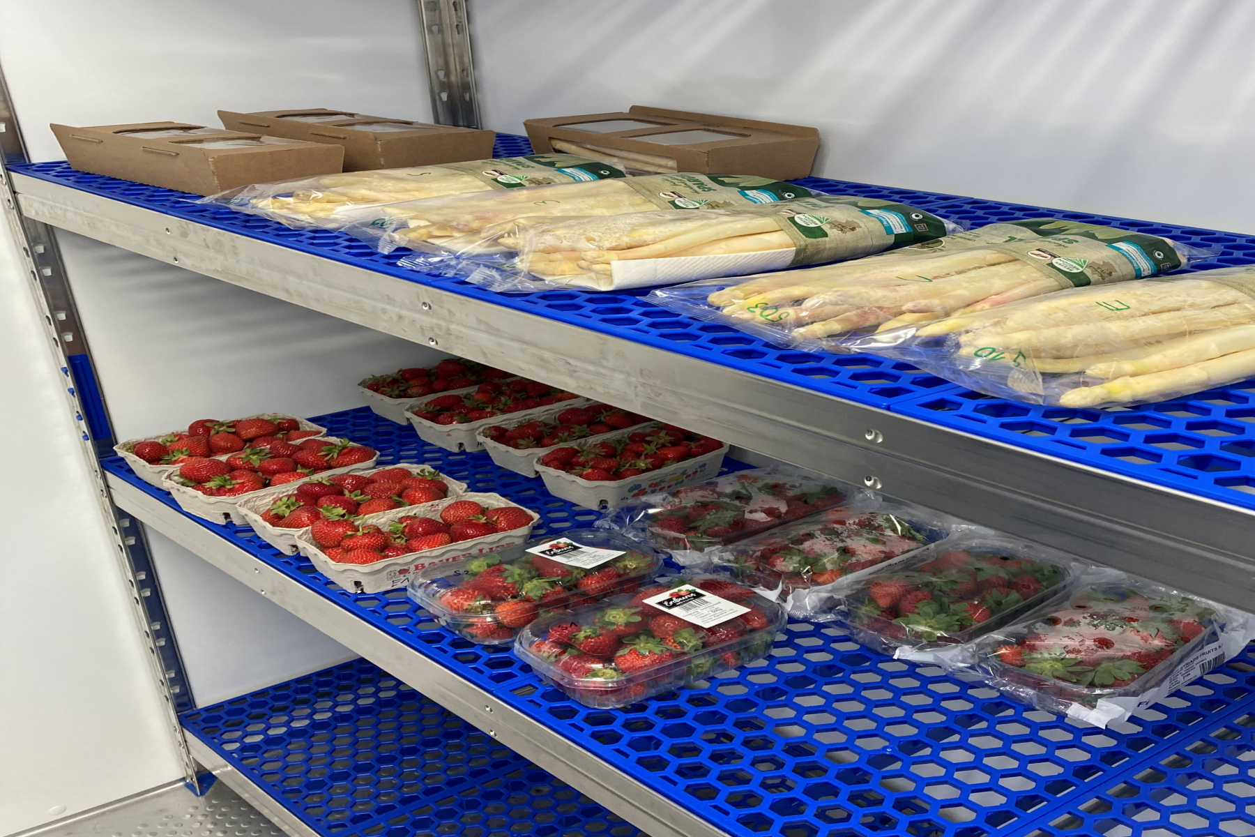 Regal im Kühlhaus mit verpacktem weißem Spargel oben und verschiedenen Verpackungen frischer Erdbeeren darunter