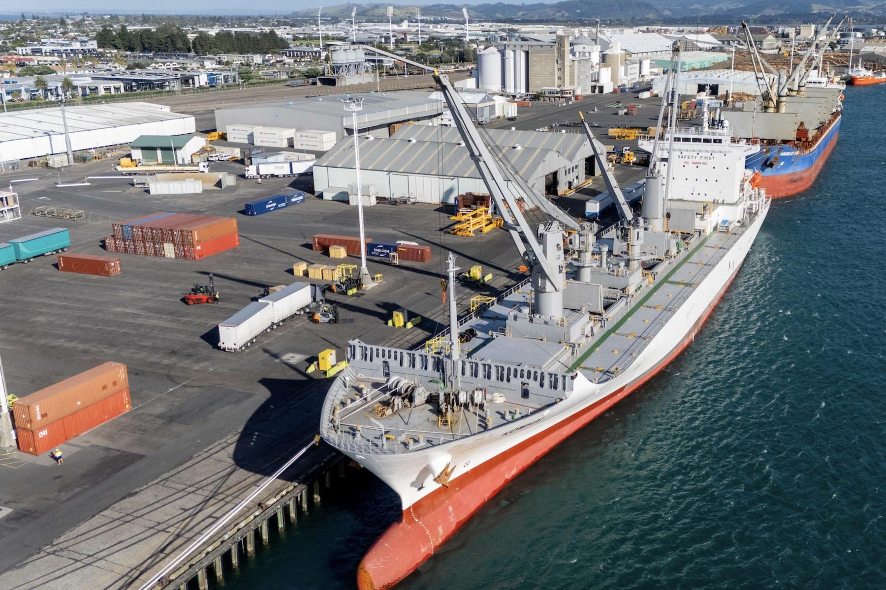 Großes Frachtschiff am Hafen von Tauranga, beladen mit Containern und Kiwifrüchten, Hafenanlagen und Wasser sichtbar