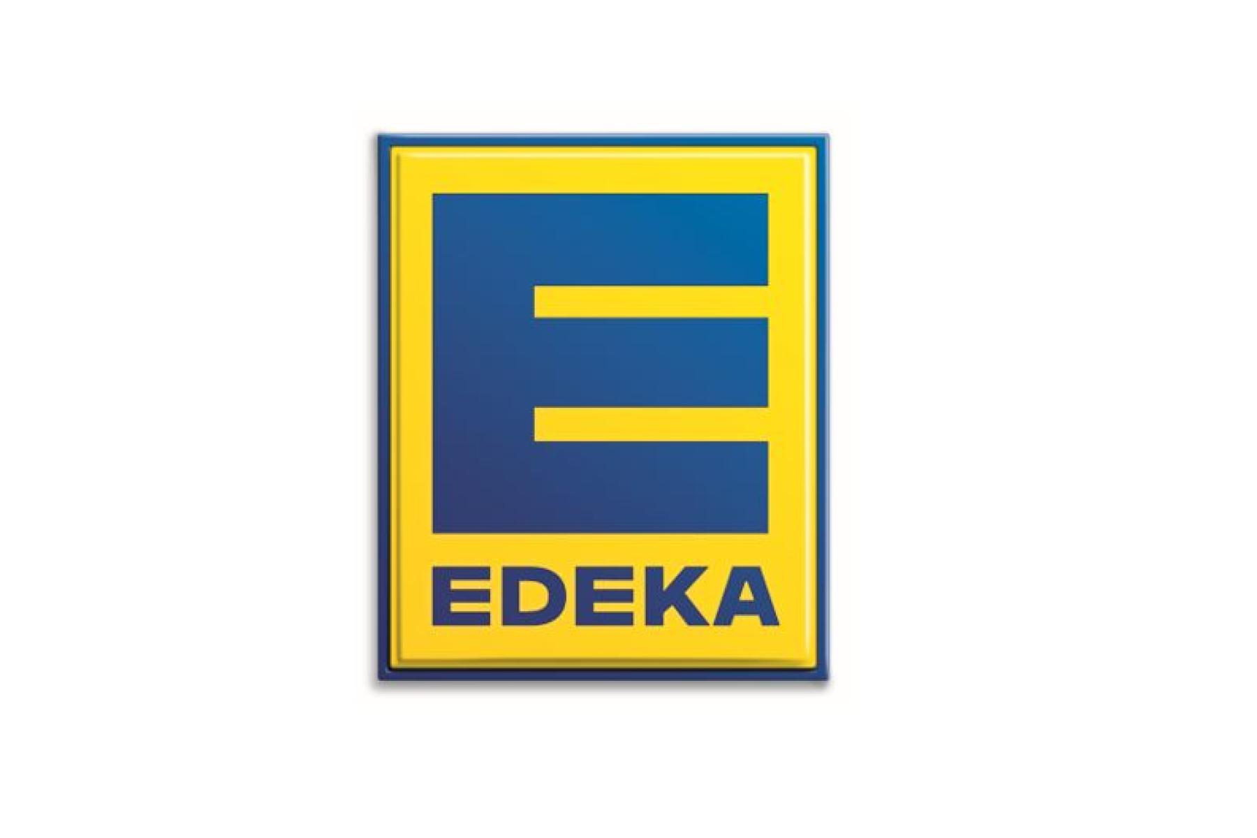 Logo von Edeka mit großem gelbem E auf blauem Hintergrund und dem Schriftzug 'EDEKA' darunter