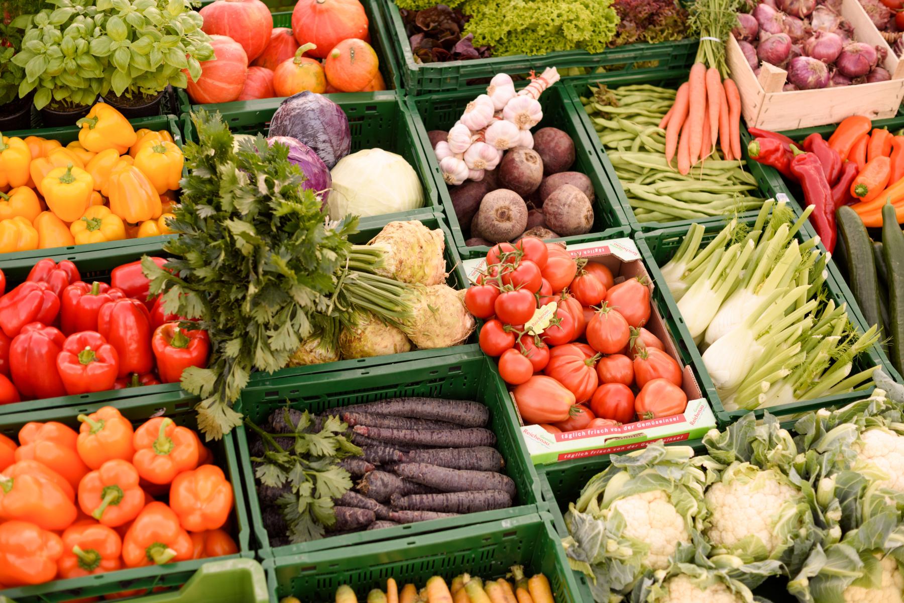 Marktstand mit verschiedenen frischen Gemüsesorten wie Paprika, Karotten, Tomaten, Blumenkohl, Knoblauch und Salat in grünen Kisten