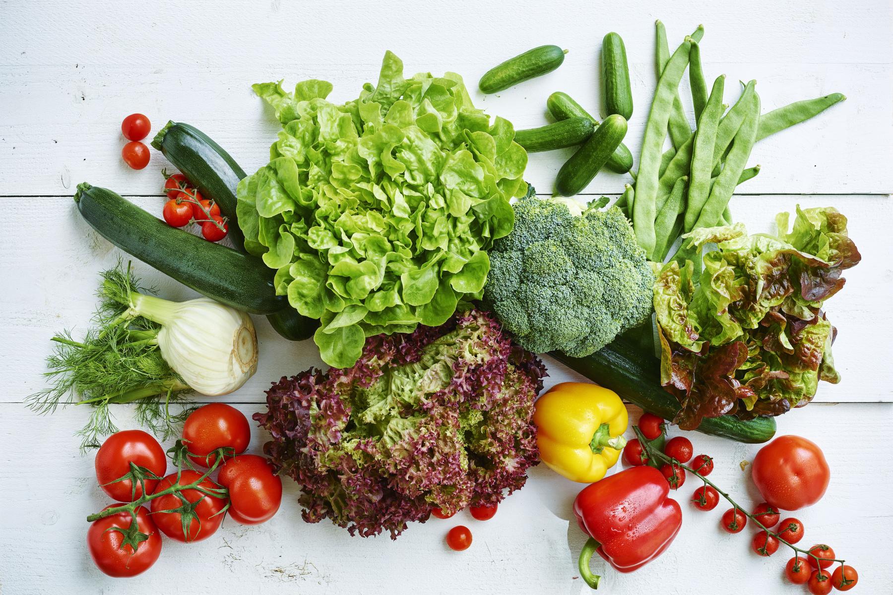 Verschiedene frische Gemüsesorten auf weißem Untergrund, darunter Kopfsalat, Brokkoli, Tomaten, Paprika, Gurken, Fenchel und grüne Bohnen.