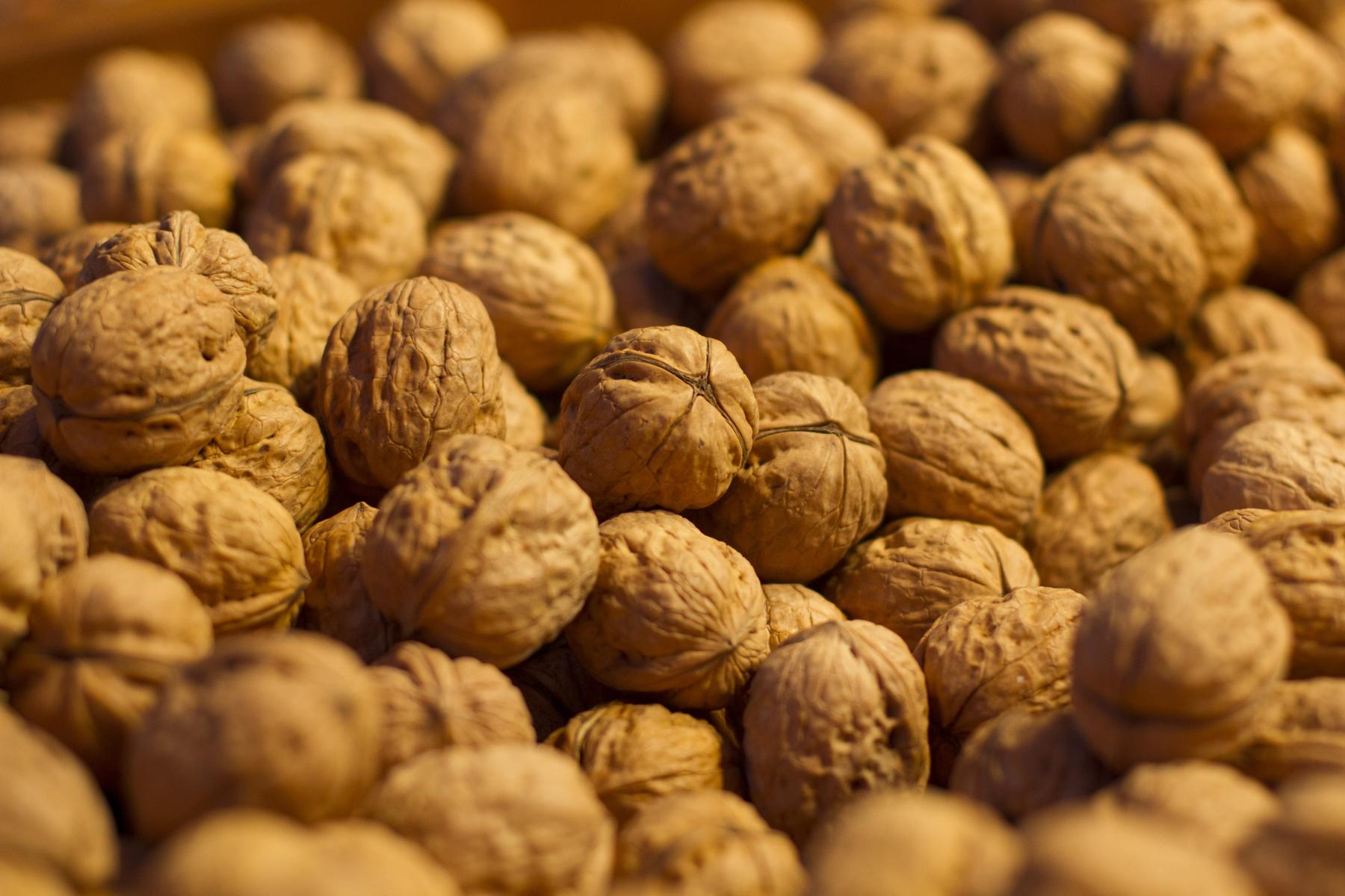 Viele braune Walnüsse mit Schale, dicht nebeneinander liegend