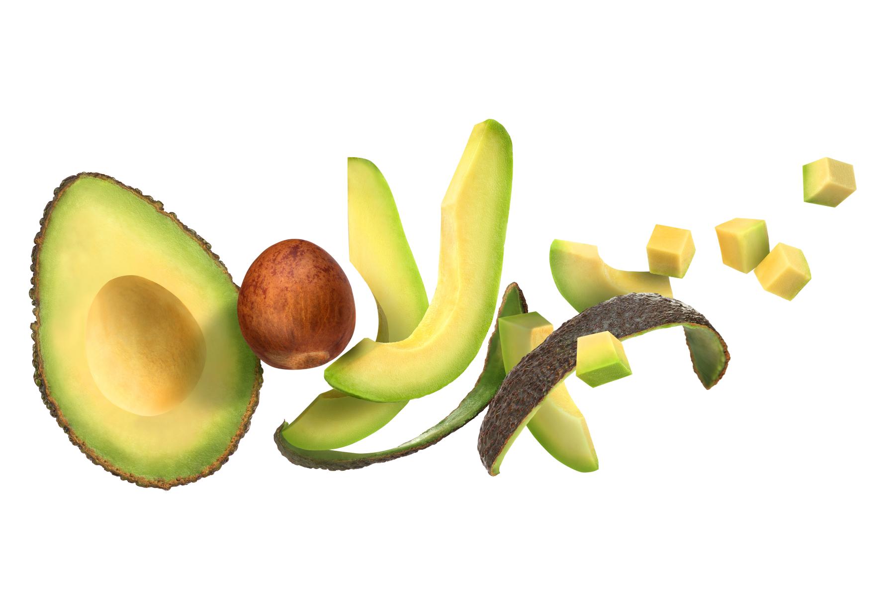 Avocado in verschiedenen Zuständen: halbierte Avocado mit Kern, geschnittene Scheiben, kleine Würfel und Schale.