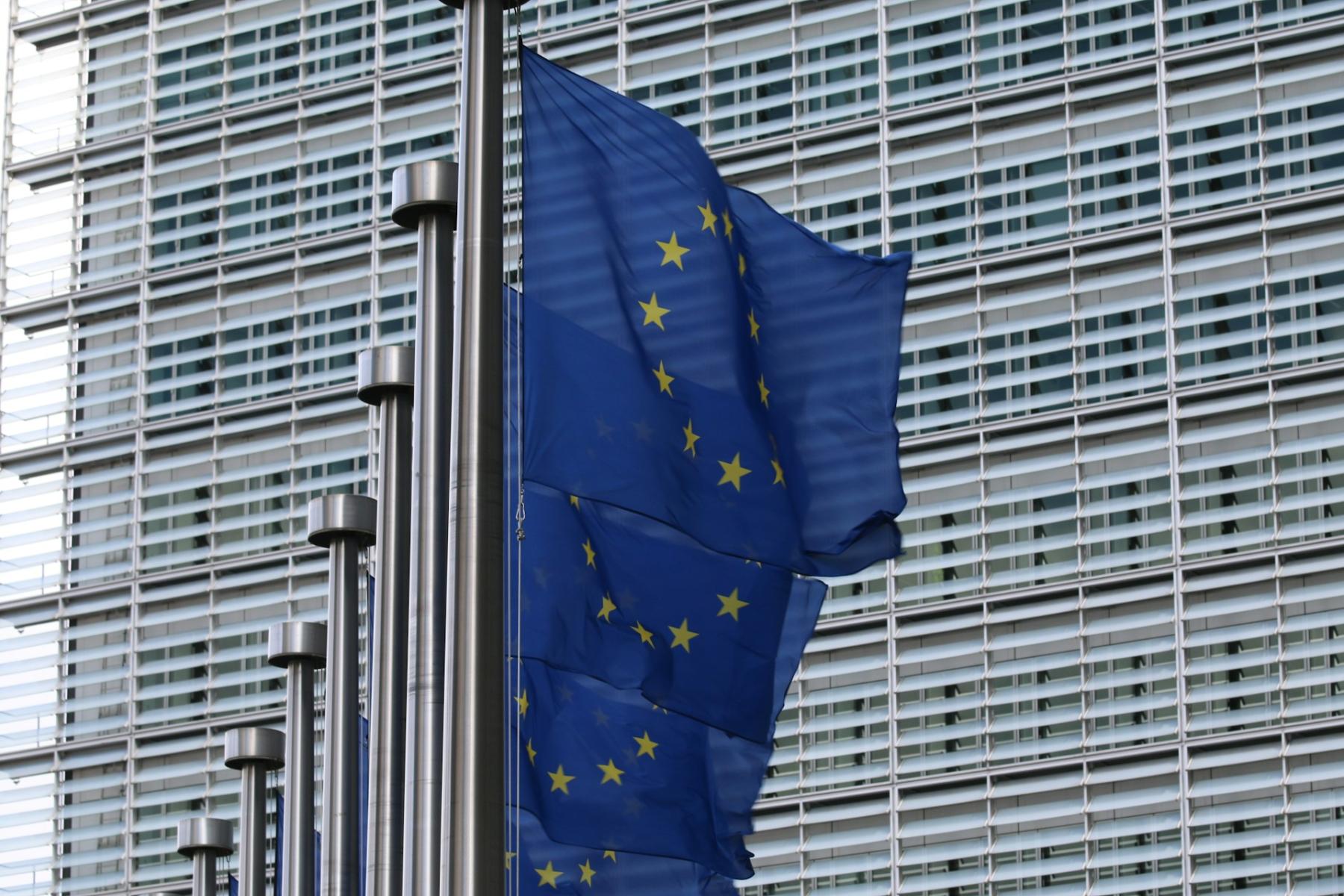 Mehrere, in einer Reihe stehende EU-Flaggen am Mast vor einem modernen Gebäude