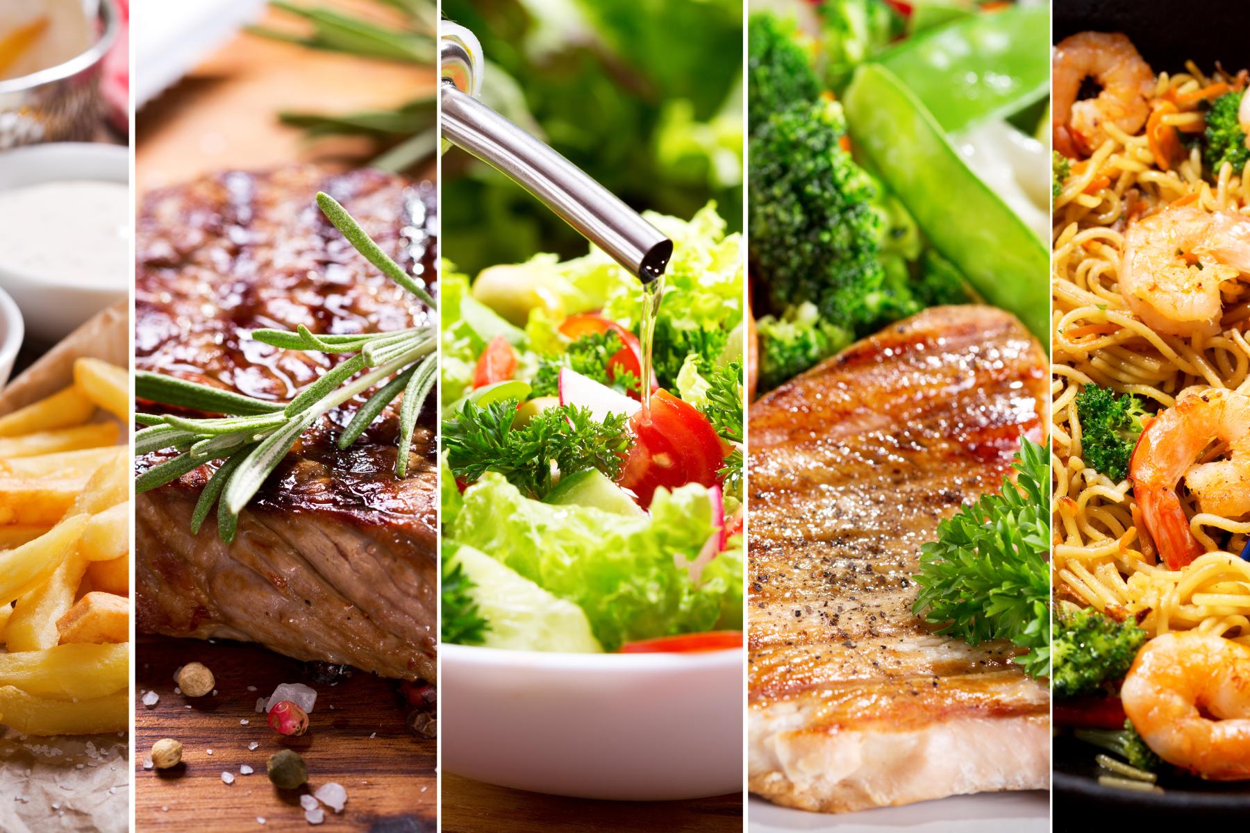 Eine Reihe von Gerichten, darunter Pommes frites, Steak, Salat, Pasta mit Garnelen. Jedes Gericht ist ansprechend angerichtet.
