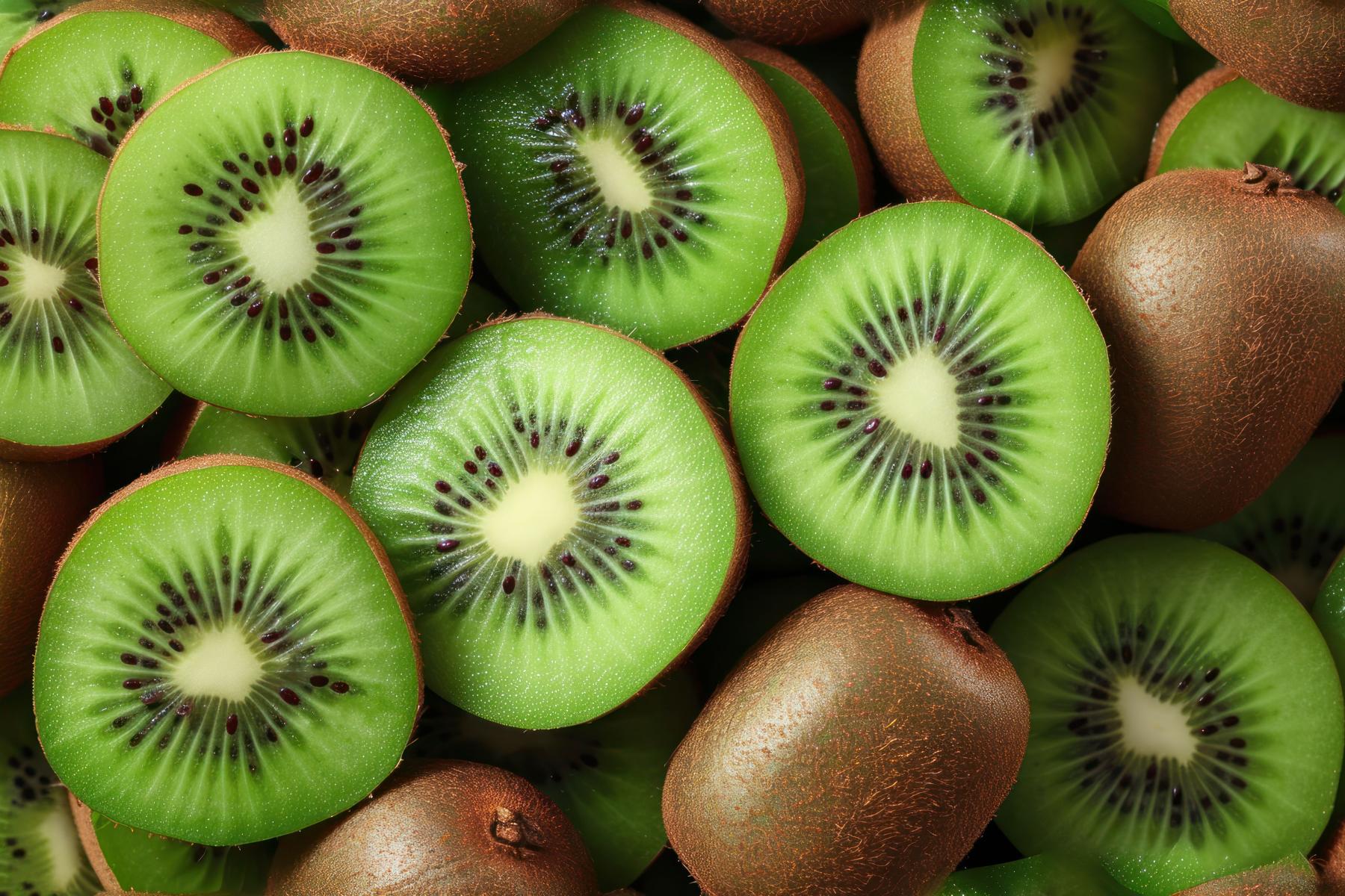 Auf einem Haufen geschnittener Kiwis liegen grüne Kiwi-Scheiben mit brauner Schale und schwarzen Kernen, einige ganze Kiwis sind ebenfalls sichtbar.