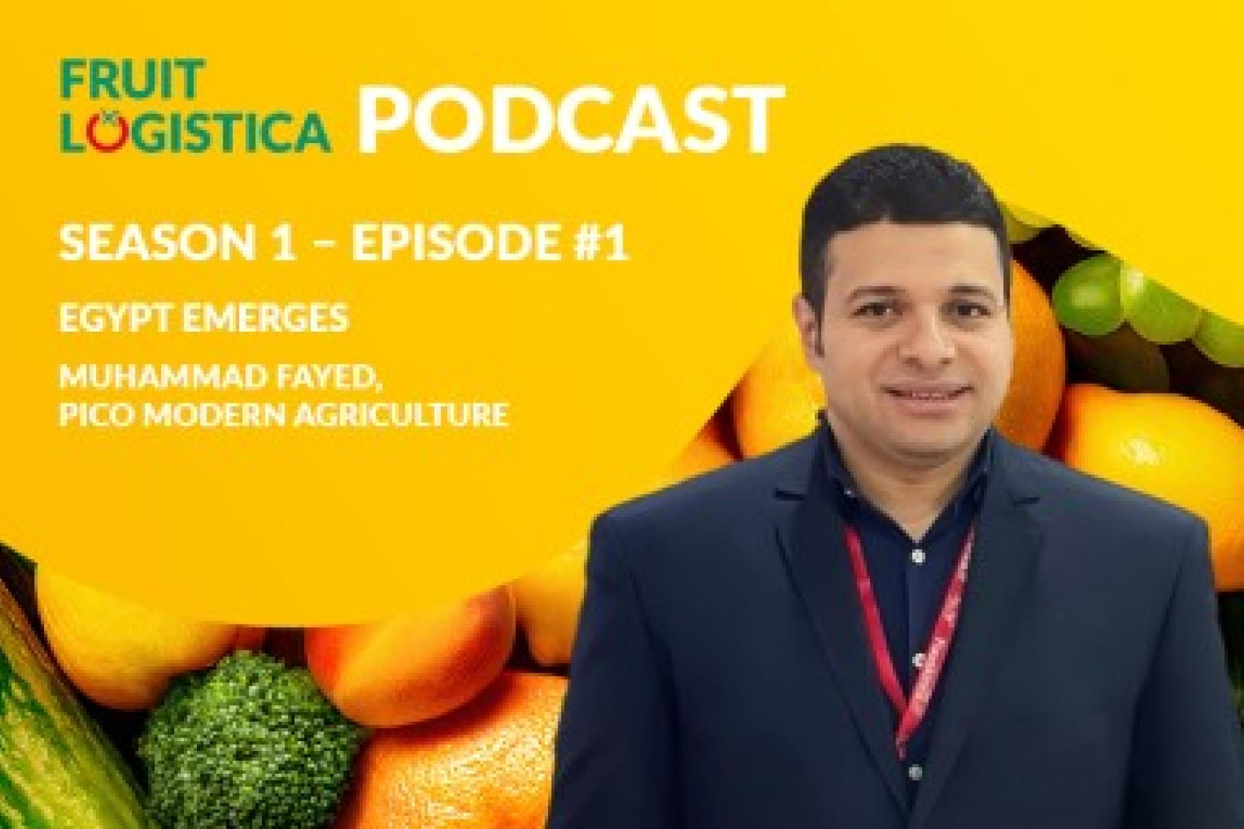 Mann in dunklem Anzug mit rotem Ausweis, vor einem bunten Hintergrund aus Obst. Text: 'FRUIT LOGISTICA PODCAST SEASON 1 – EPISODE #1 EGYPT EMERGES MUHAMMAD FAYED, PICO MODERN AGRICULTURE'.