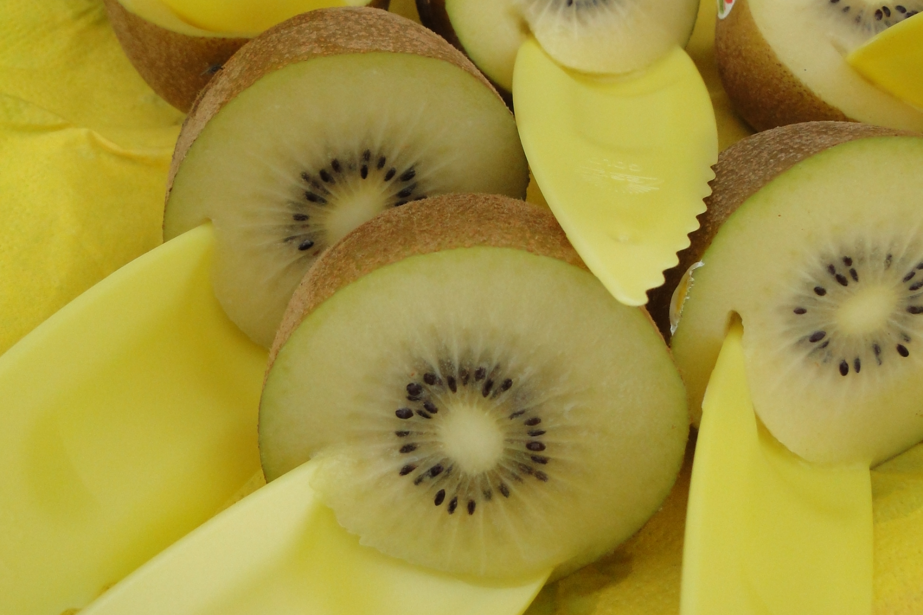 Zespri SunGold Kiwi, halbiert, mit gelben Löffeln zum Servieren. Die Frucht hat eine gelbliche Innenseite mit kleinen schwarzen Kernen.