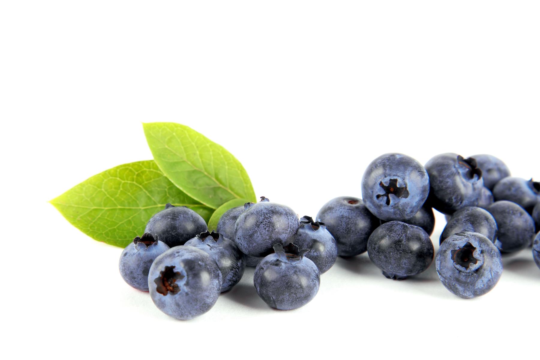 Eine Ansammlung von Heidelbeeren in verschiedenen Größen, einige mit grünen Blättern. Die Beeren sind rund und dunkelblau.