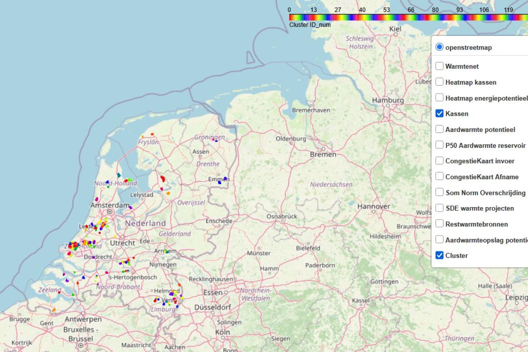 Energiekarte von Greenports mit markierten Standorten, Fenster mit anwählbaren Darstellungsoptionen rechts, oben rechts Legende mit verschiedenen Symbolen und Farben.