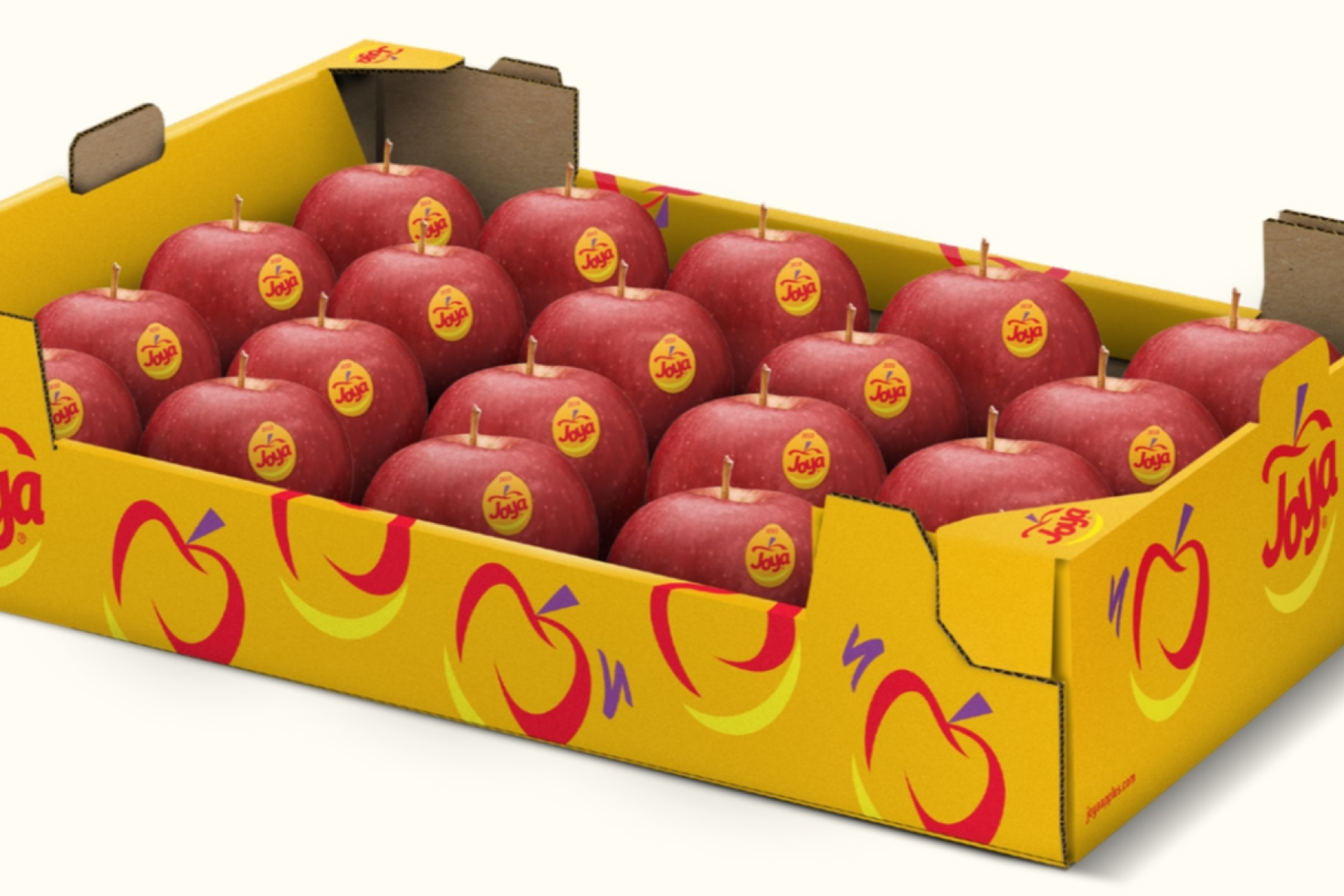 Gelbe Obstkiste mit 18 roten Äpfeln, jeder mit rundem gelben Aufkleber 'Joya' und stilisiertem Apfelmotiv