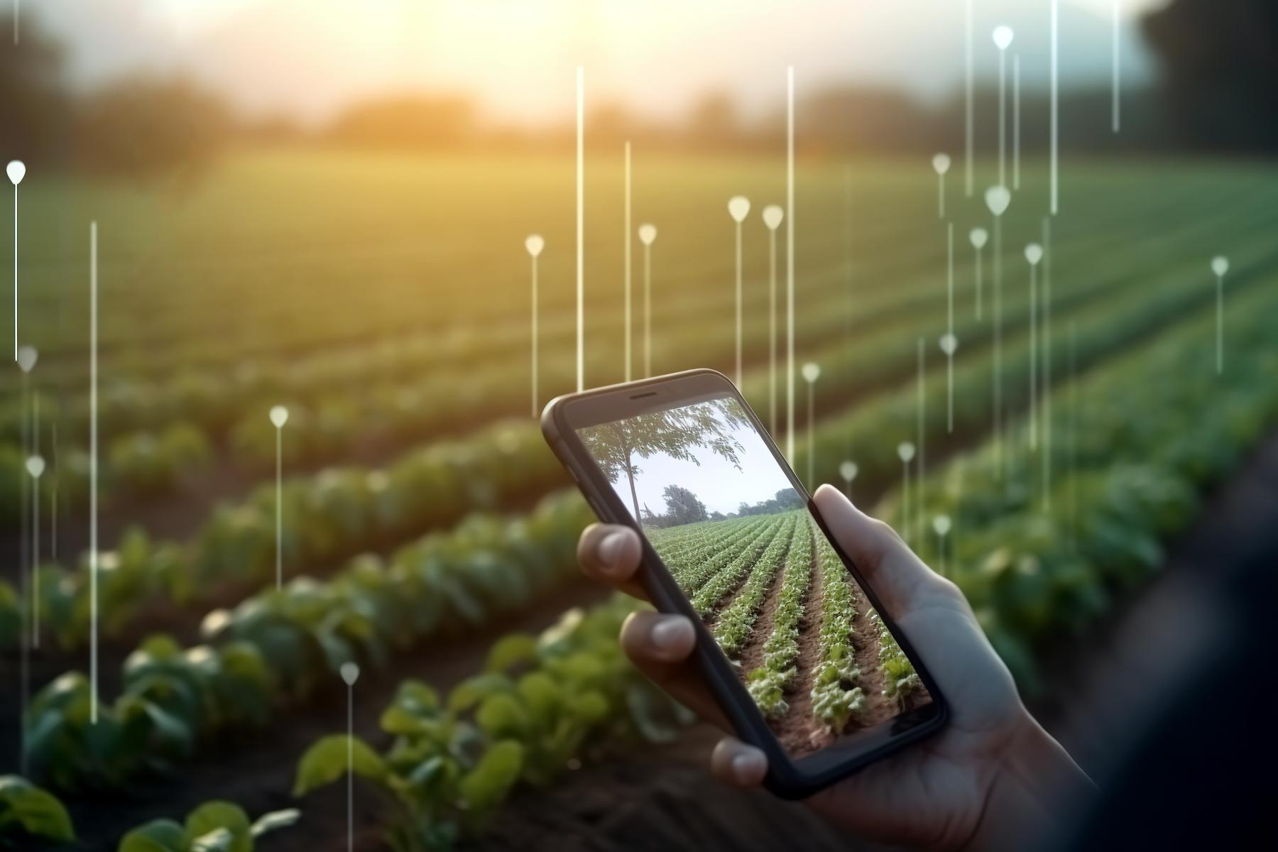 Ein Smartphone wird in Händen gehalten. Im Hintergrund ein Feld mit digitalen arkierungen
