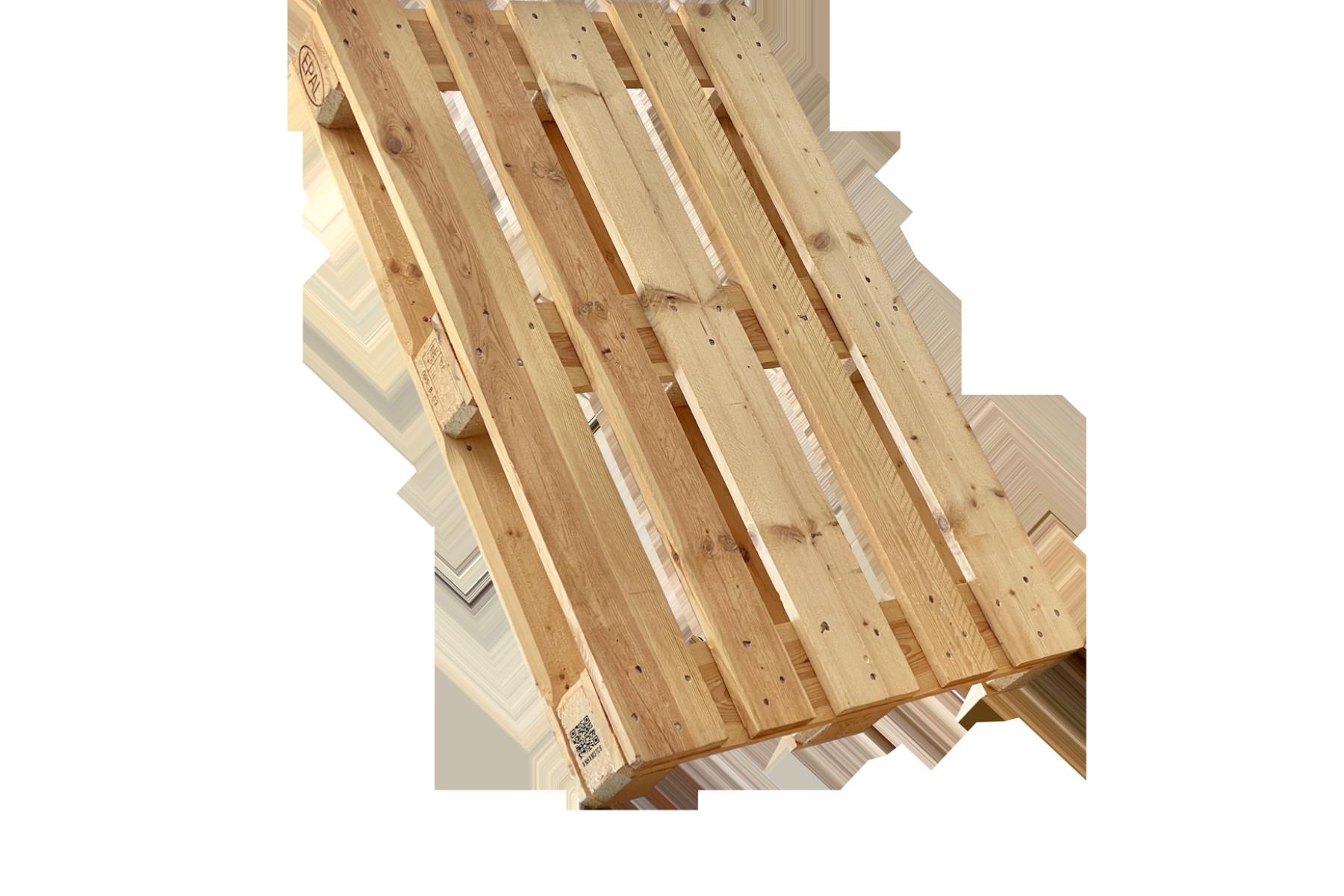 Holzpalette mit mehreren parallelen Latten und sichtbaren Schrauben, naturbelassenes Holz.