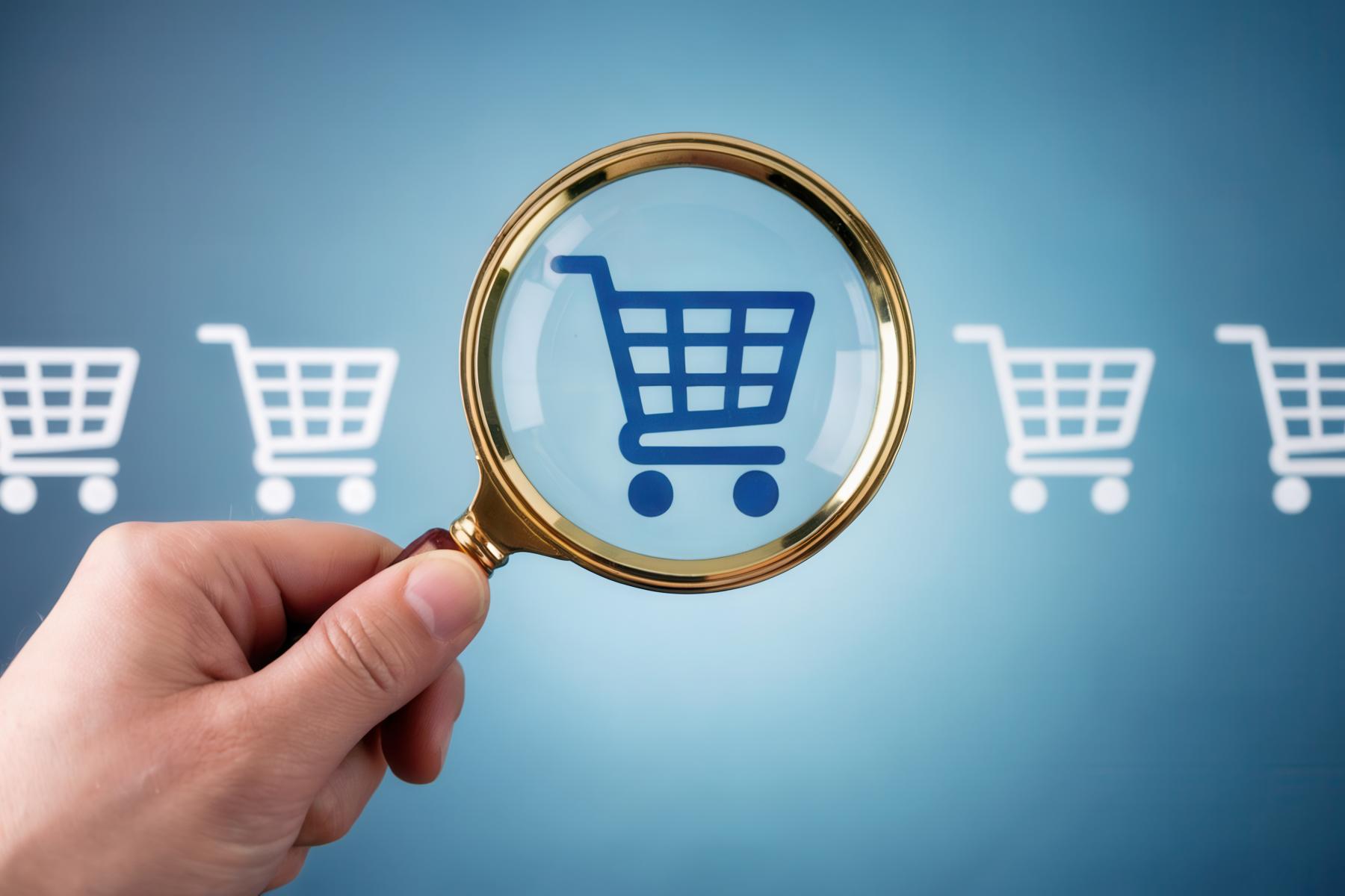 Eine Lupe vergrößert einen grafisch dargestellten Einkaufswagen. 