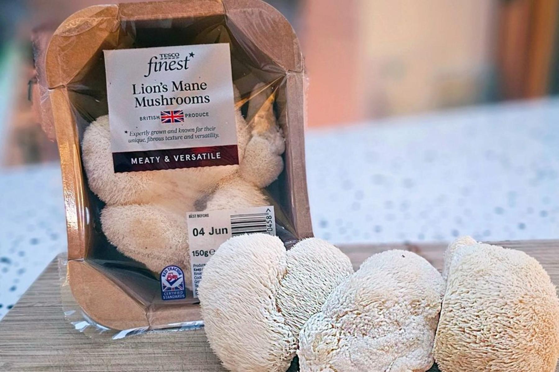 Tesco Finest Löwenmähne Pilze in brauner Verpackung, auf Holzunterlage mit drei losen Pilzen