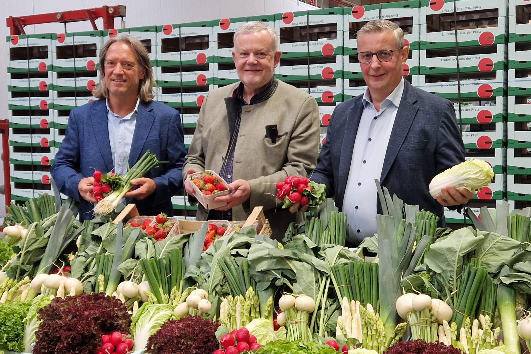 Christian Deyerling (l.), Hans-Jörg Friedrich (Bildmitte) und Reinhard Oerther stehen hinter einem Tisch mit vielfältigem frischem Gemüse, darunter Spargel, Radieschen, Salat und Chinakohl. Im Hintergrund sind gestapelte Kisten mit Pfalzmarkt-Logo zu sehen.