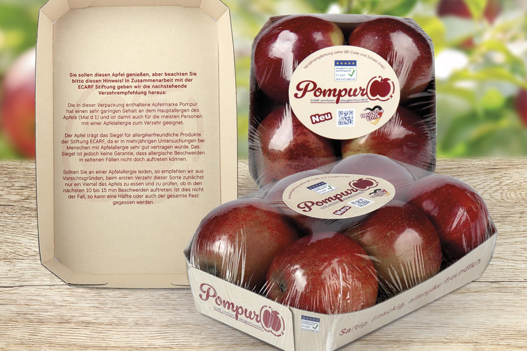 Pompur – der weltweit erste zertifizierte allergenarme Apfel, Verpackung: Lorentzen & Sievers
