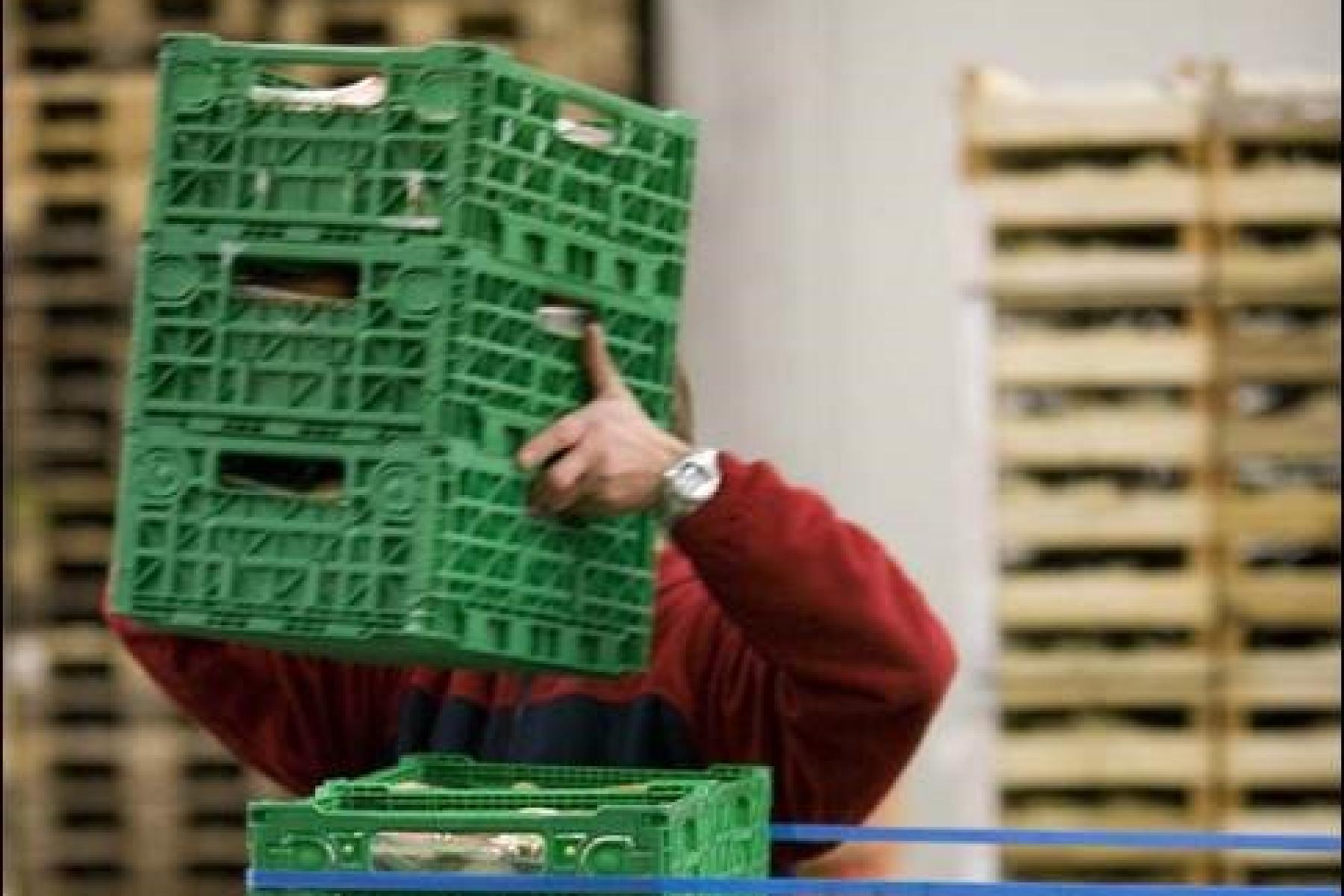 Mann mit grünen Kisten