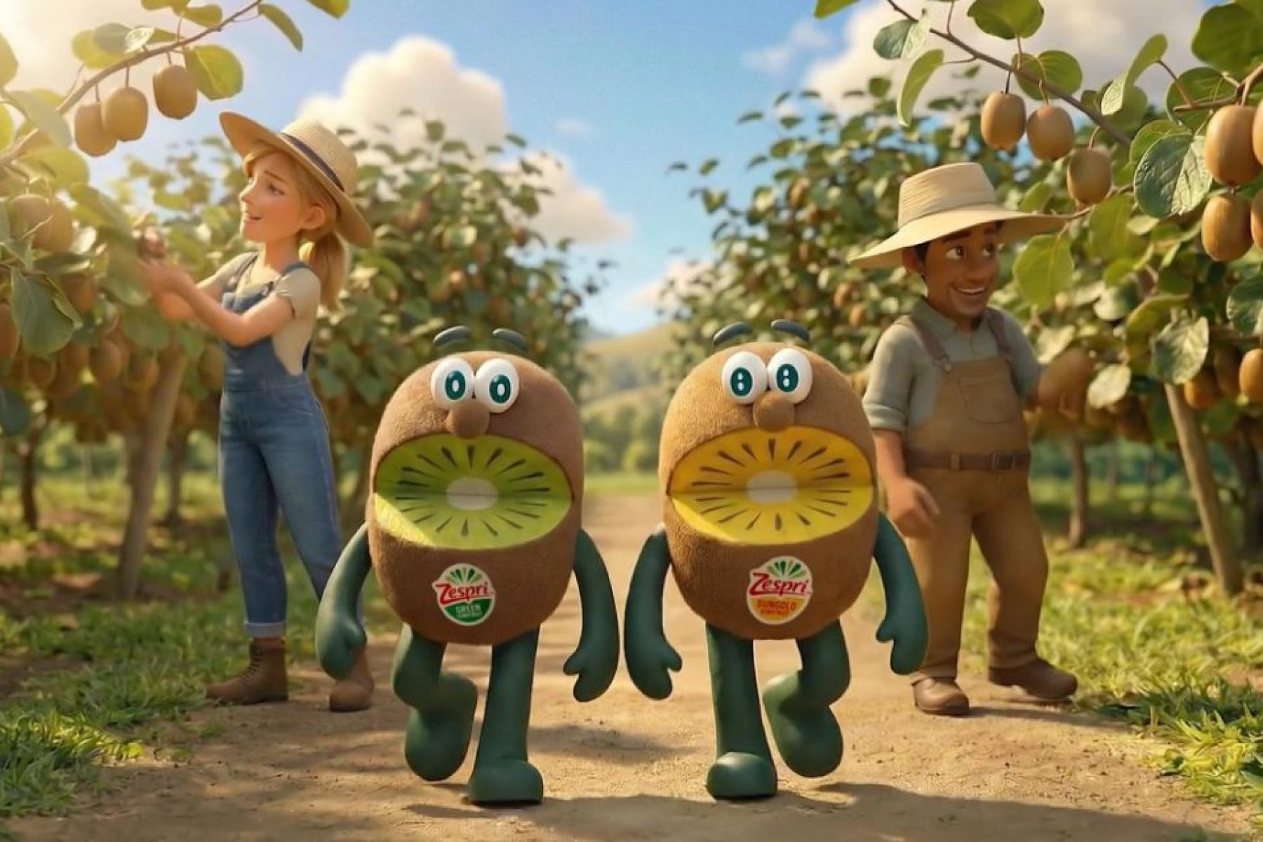 grüne und gelbe Kiwi mit Erzeugern in Animationsoptik in einer Plantage