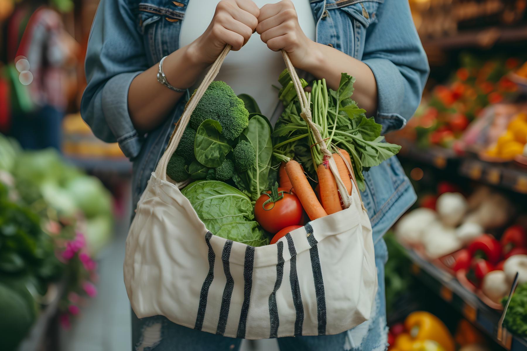 Frau trägt vor sich eine Tasche mit Gemüse. Im Hintergrund eine Obst und Gemüseabteilung.