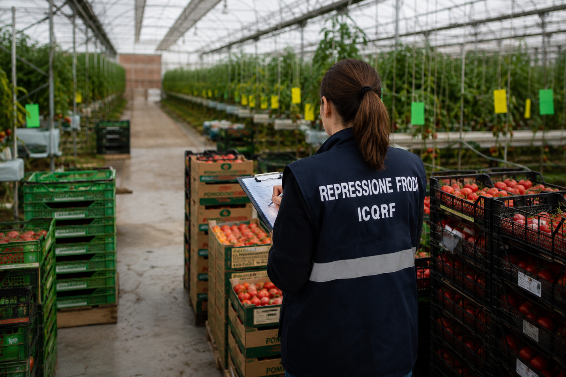 Frau prüft Tomaten im Gewächshaus