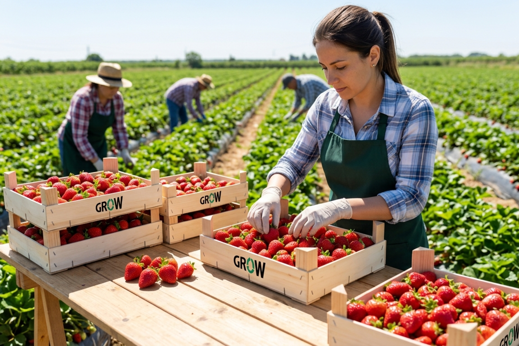 Frau verpackt auf dem Feld Erdbeeren in GROW Holzsteigen  - GROW GmbH