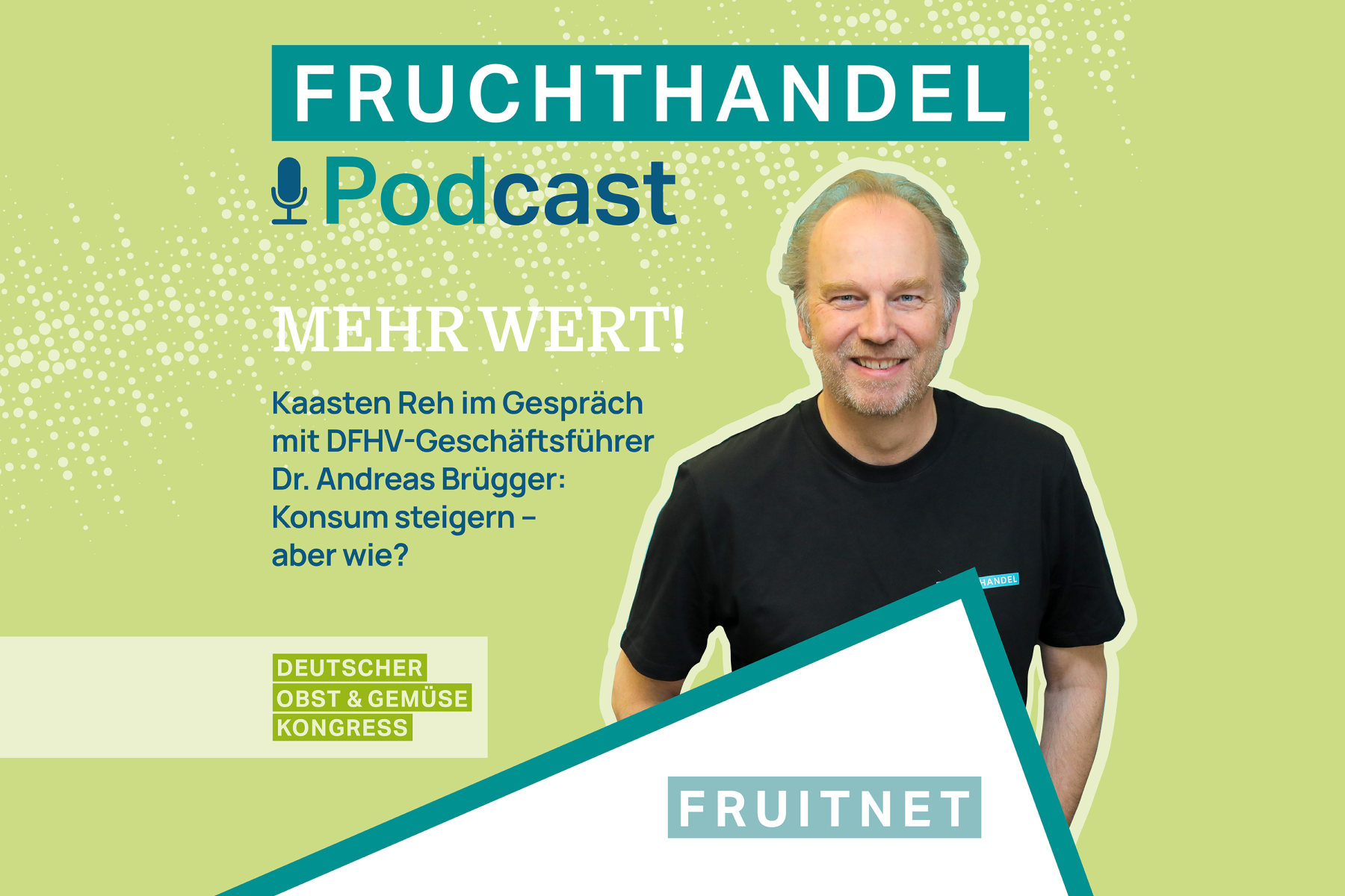 Mann in schwarzem Shirt vor hellgrünem Hintergrund und Informationen