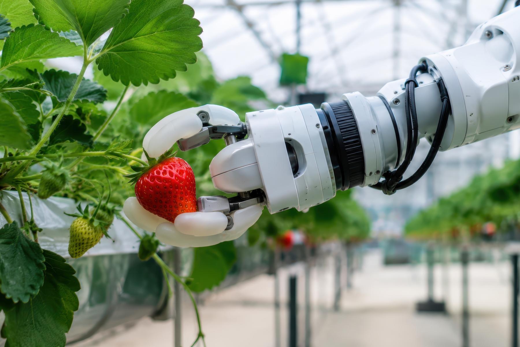 Roboterarm pflückt eine reife Erdbeere von einer Pflanze im Gewächshaus.