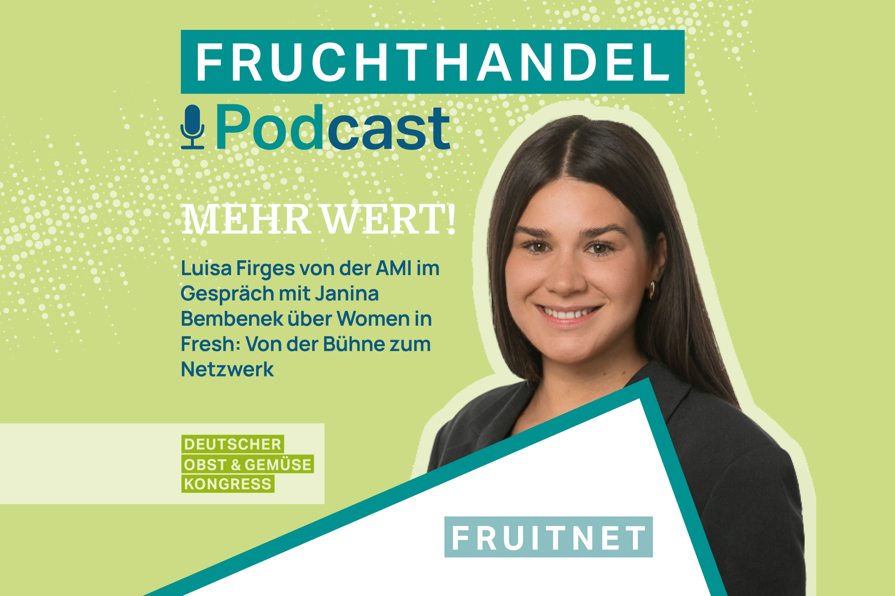 Frau neben Informationen zu Podcast