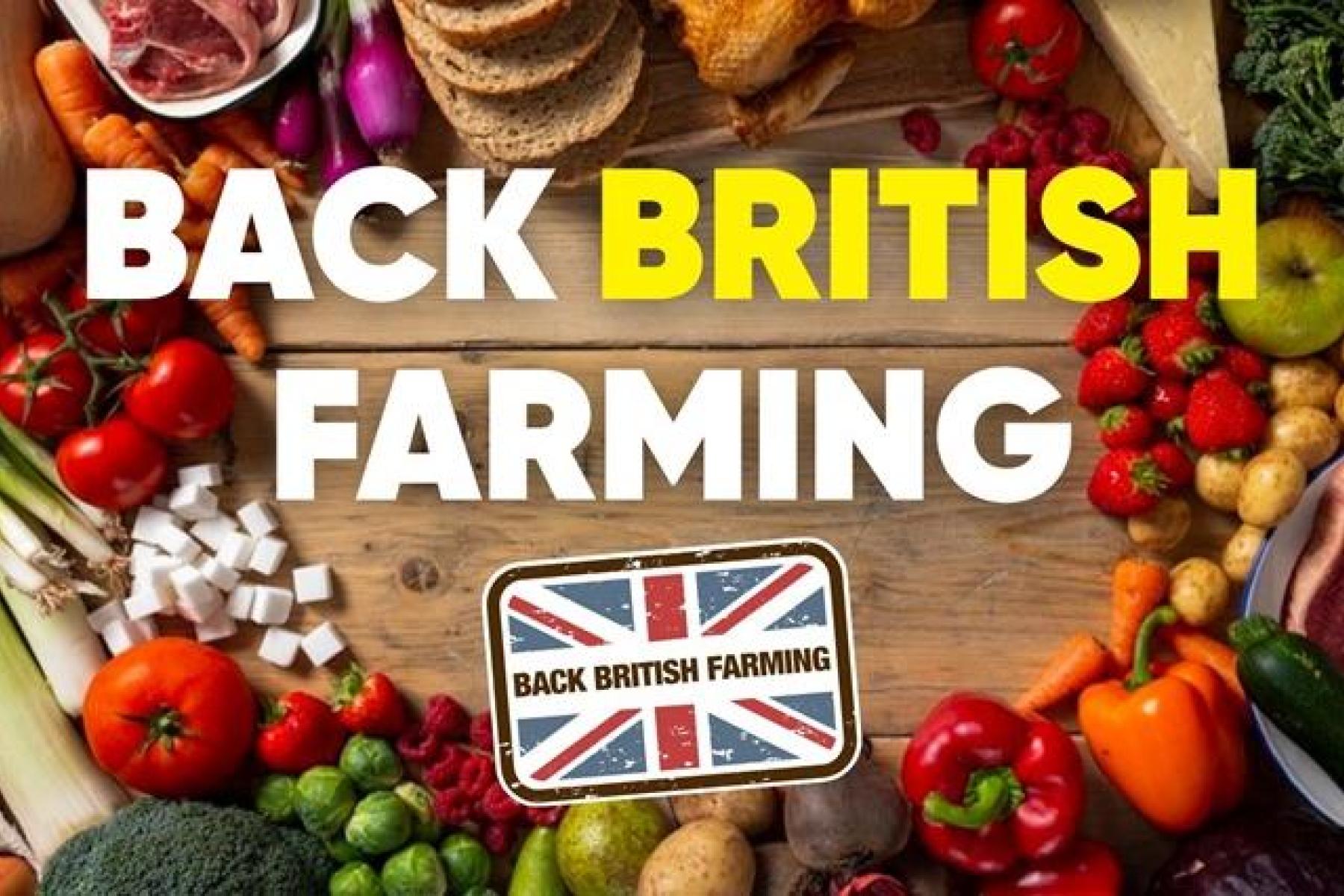 Grafik der NFU mit britischen Agrarprodukten, darunter Obst und Gemüse, und dem Schriftzug „Back British Farming“.