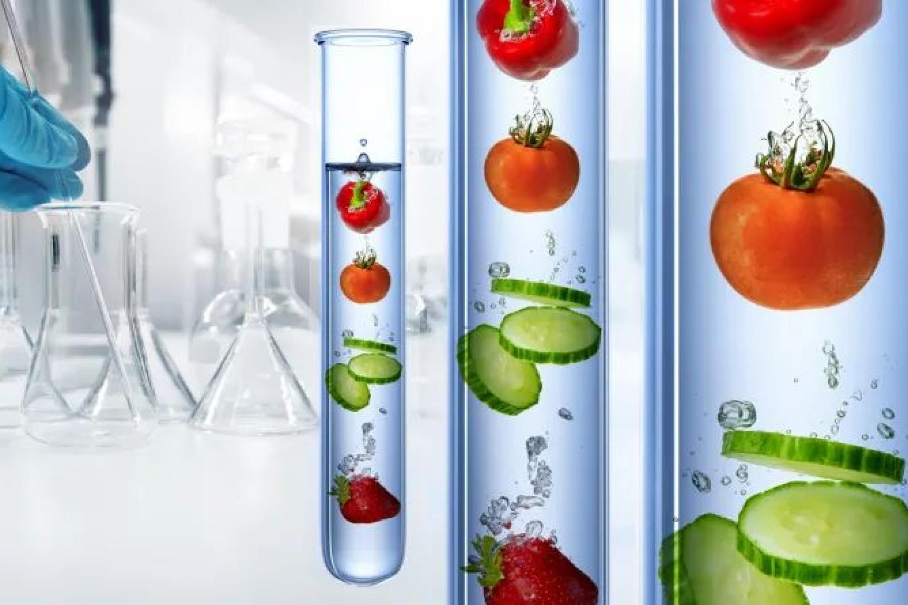 ganzes und in Scheiben geschnittenes Obst und Gemüse im Reagenzglas