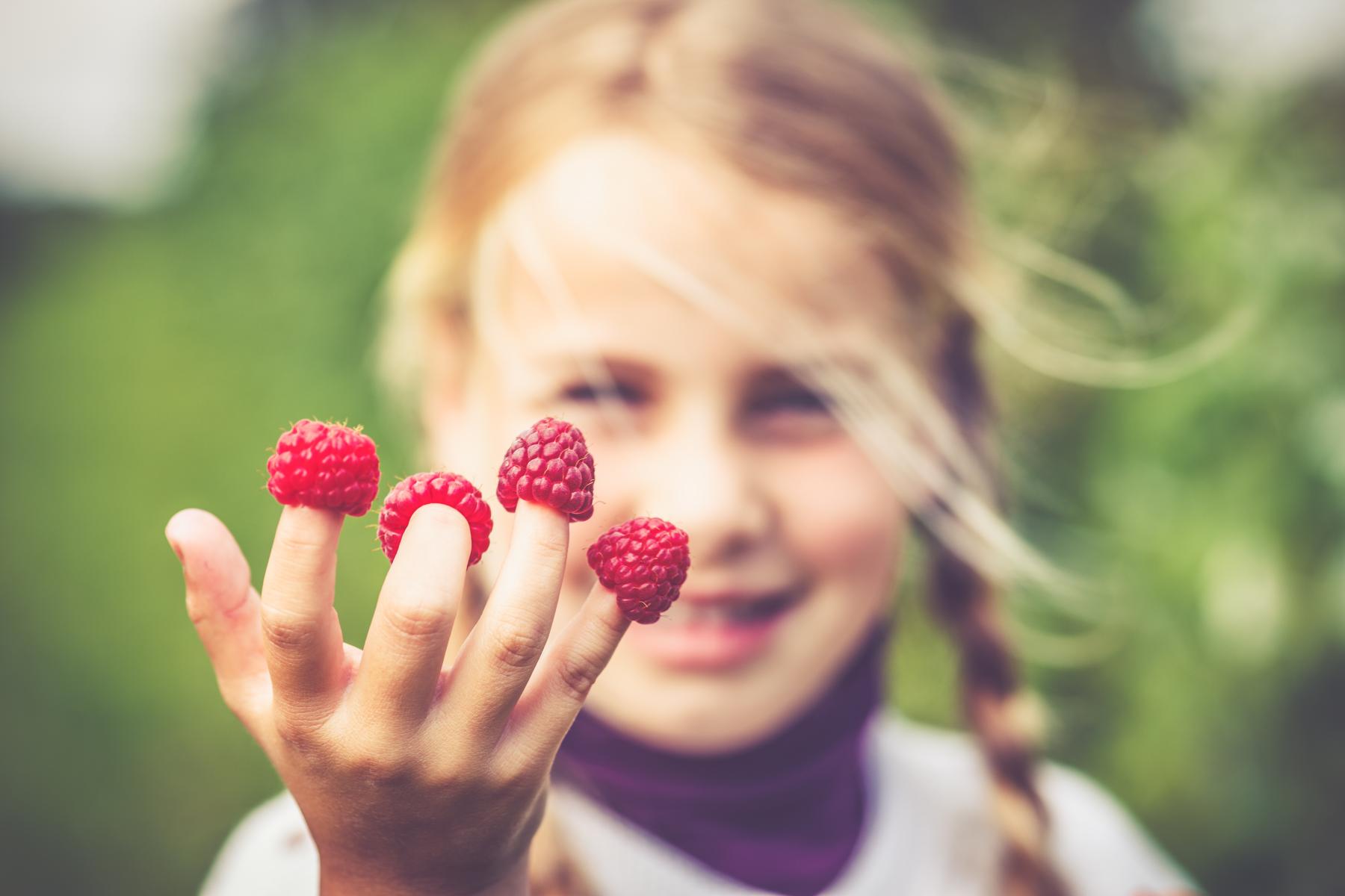 Mädchen mit vier Himbeeren auf ihren Fingerkuppen 
