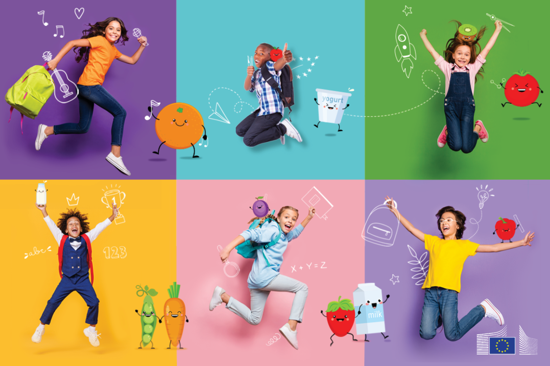 Collage mit sechs springenden Schulkindern vor bunten Hintergründen, umgeben von gezeichneten Obst und Gemüse.