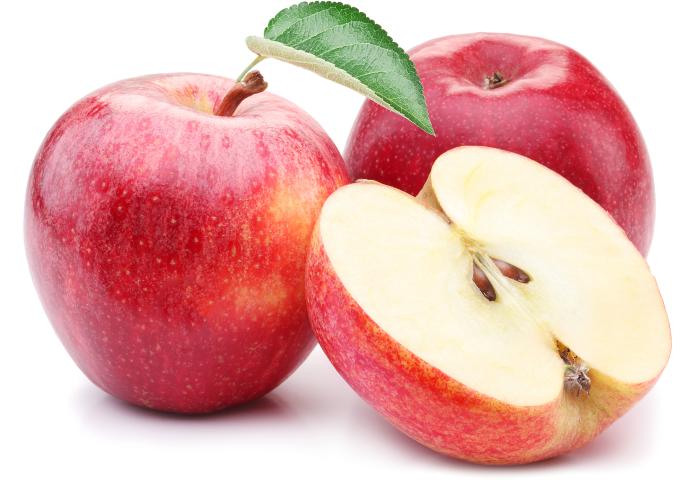 Zwei rote Äpfel, einer mit grünem Blatt, und ein Apfel halbiert, zeigt das weiße Fruchtfleisch und braune Kerne