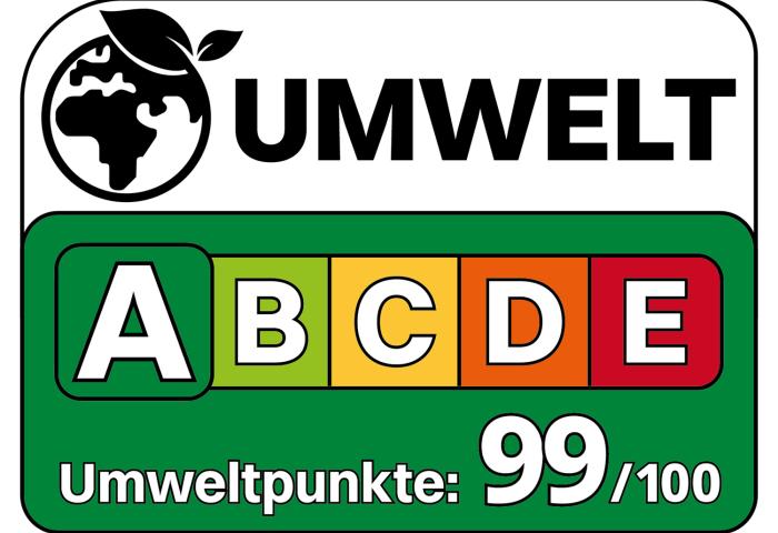 Umweltlabel mit Buchstaben A bis E zur Bewertung, hervorgehoben A, Umweltpunkte 99 von 100