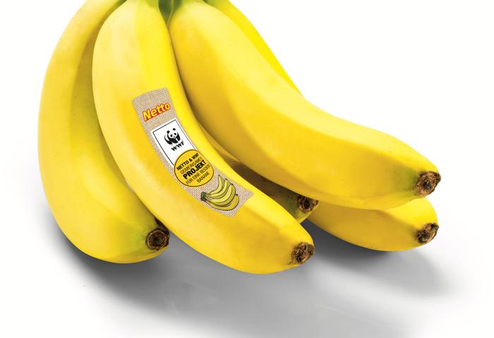 Bündel von fünf gelben Bananen mit Netto- und WWF-Aufkleber 'MITEINANDER FÜR DEN PLANETEN'