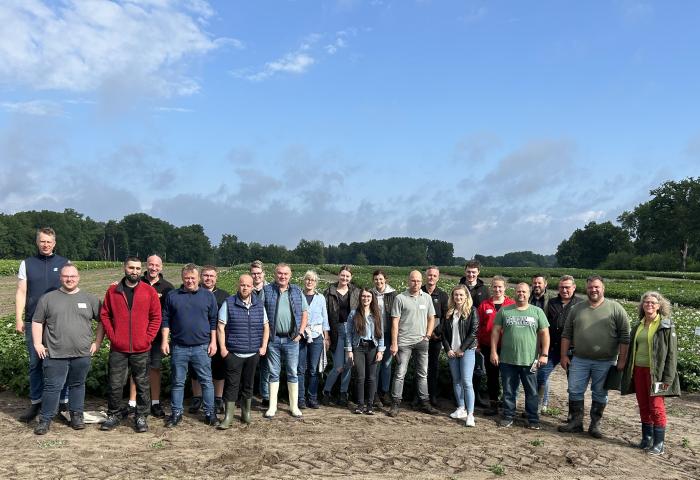 Kleingruppe steht auf Acker vor Kartoffelpflanzen unter blauem Himmel